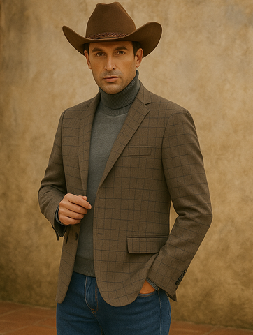 Saco vaquero - Western Sport Coat - Western Blazer- Men's Slim Fit 2 Button Sport Coat Blazer In Bronze Mini Window Pane