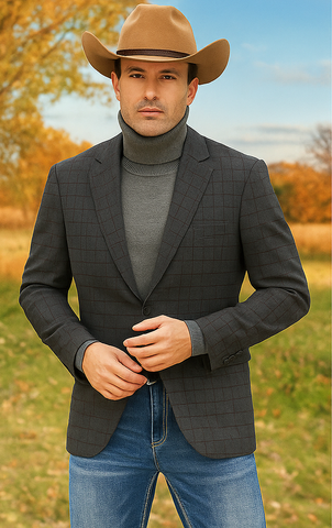 Saco vaquero - Western Sport Coat - Western Blazer- Men's Slim Fit 2 Button Sport Coat Blazer In Charcoal Grey Mini Window Pane