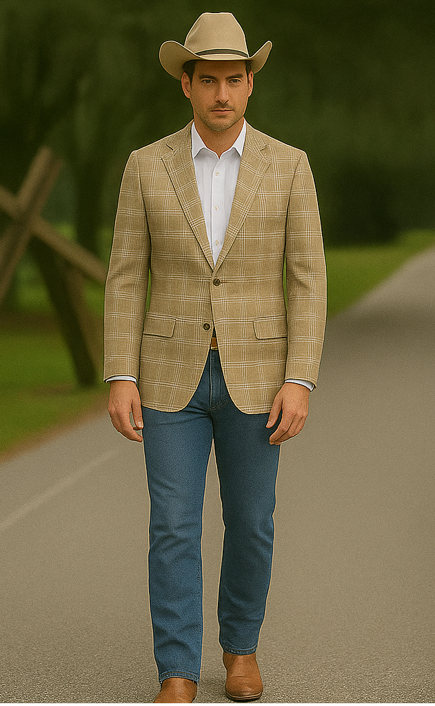 Saco vaquero - Western Sport Coat - Western Blazer- Men's Slim Fit Business Casual Khaki Glen Plaid Sport Coat