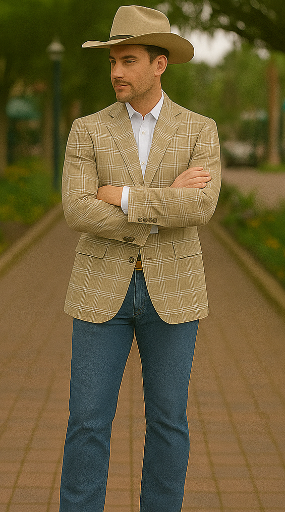 Saco vaquero - Western Sport Coat - Western Blazer- Men's Slim Fit Business Casual Khaki Glen Plaid Sport Coat