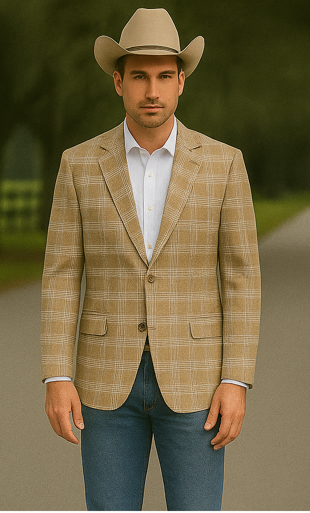 Saco vaquero - Western Sport Coat - Western Blazer- Men's Slim Fit Business Casual Khaki Glen Plaid Sport Coat