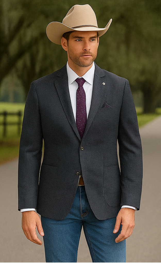 Saco vaquero - Western Sport Coat - Western Blazer- Mens Slim Fit Half Canvas Patch Pocket Summer Cotton Blazer In Charcoal Grey Mini Check