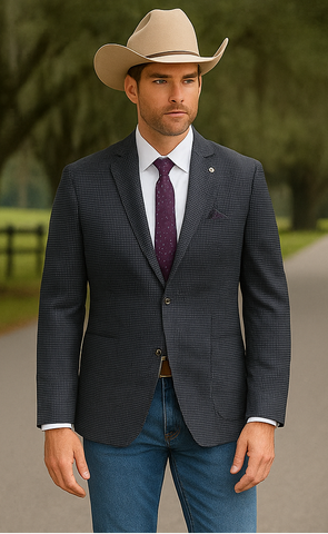 Saco vaquero - Western Sport Coat - Western Blazer- Mens Slim Fit Half Canvas Patch Pocket Summer Cotton Blazer In Charcoal Grey Mini Check