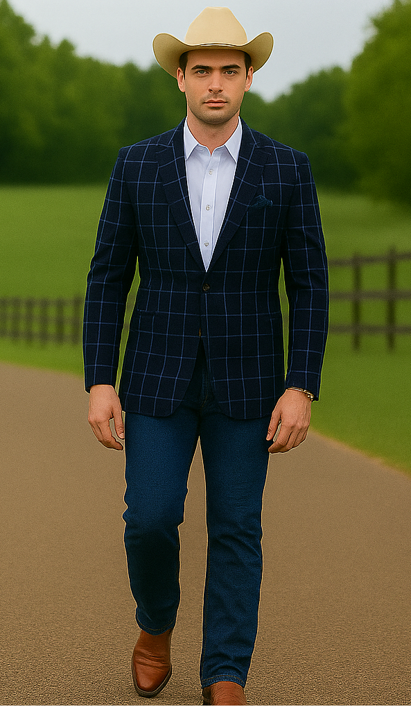 Saco vaquero - Western Sport Coat - Western Blazer- Men's Slim Fit Two Button Chalk Bold Windowpane Sport Coat In Navy Blue