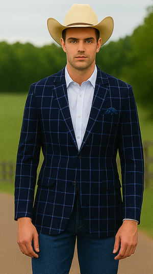 Saco vaquero - Western Sport Coat - Western Blazer- Men's Slim Fit Two Button Chalk Bold Windowpane Sport Coat In Navy Blue
