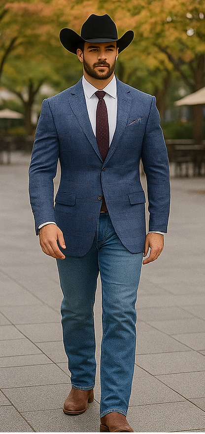 Saco vaquero - Western Sport Coat - Western Blazer- Mens Slim Fit Two Button Summer Linen Sport Coat Blazer In Navy Blue Windowpane Plaid