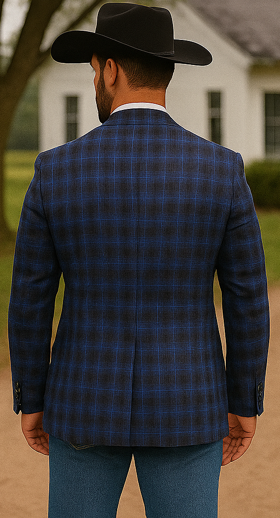 Saco vaquero - Western Sport Coat - Western Blazer- Mens Slim Fit Two Button Wool Sport Coat Blazer In Navy Blue & Grey Windowpane Plaid