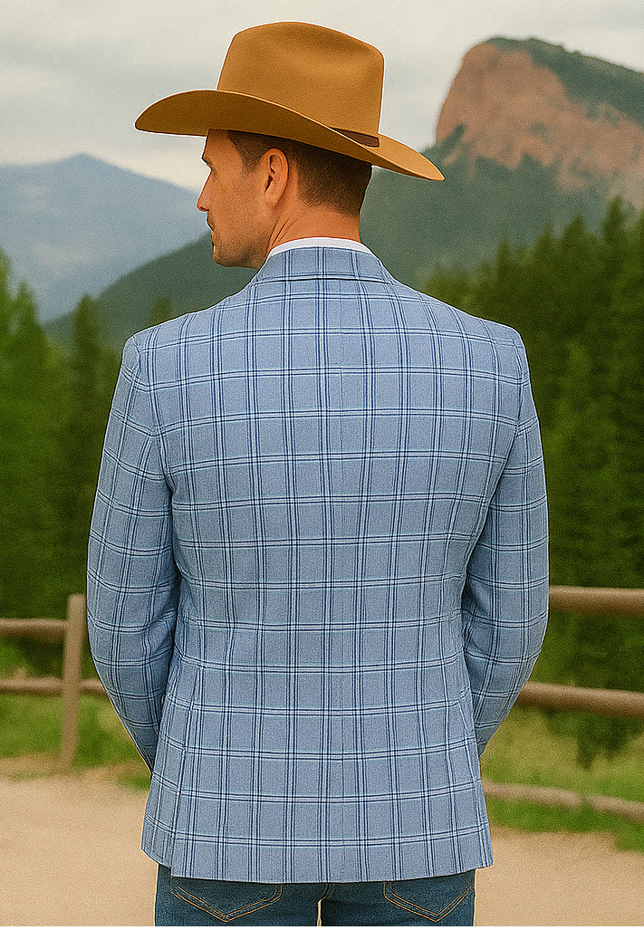 Saco vaquero - Western Sport Coat - Western Blazer- Men's Two Button Business Casual Double Windowpane  Navy Blue Sport Coat