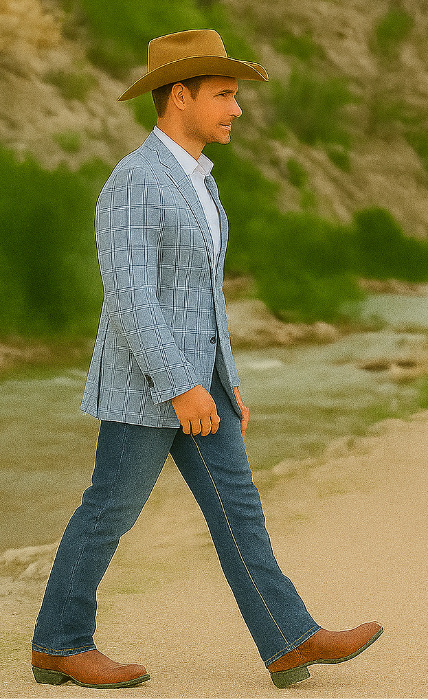 Saco vaquero - Western Sport Coat - Western Blazer- Men's Two Button Business Casual Double Windowpane  Navy Blue Sport Coat