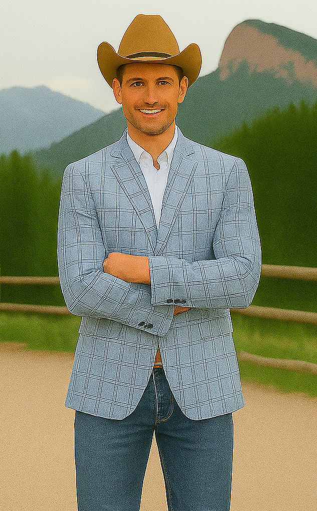 Saco vaquero - Western Sport Coat - Western Blazer- Men's Two Button Business Casual Double Windowpane  Navy Blue Sport Coat