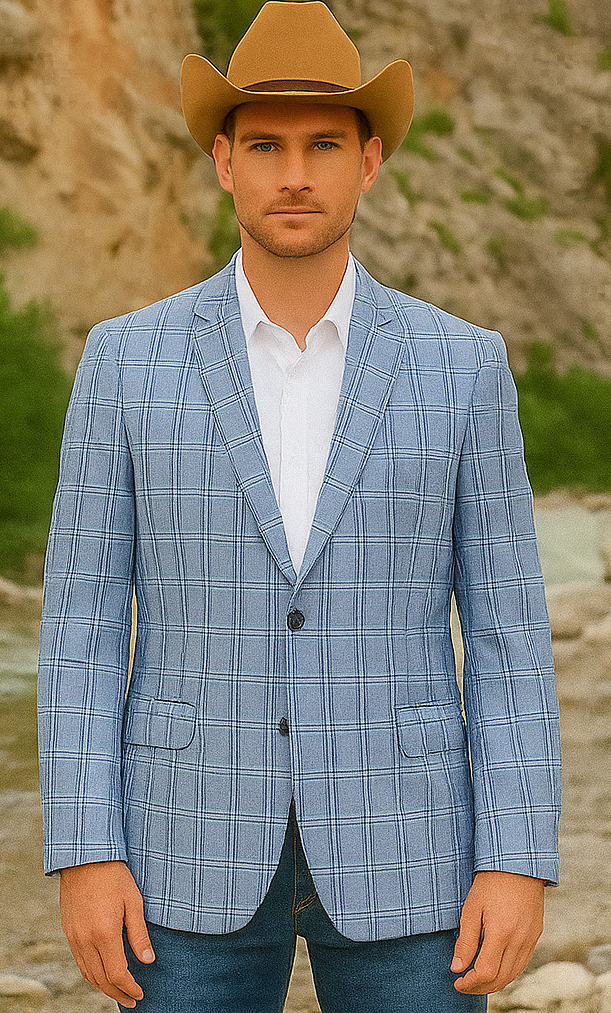 Saco vaquero - Western Sport Coat - Western Blazer- Men's Two Button Business Casual Double Windowpane  Navy Blue Sport Coat
