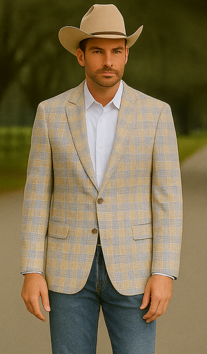 Saco vaquero - Western Sport Coat - Western Blazer- Men's Two Button Business Casual Glen Plaid Sports Coat In Tan & Blue