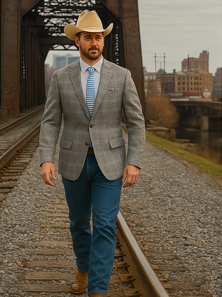 Saco vaquero - Western Sport Coat - Western Blazer - Mens Two Button Classic Fit Sport Coat Blazer In Grey Tan Windowpane Plaid