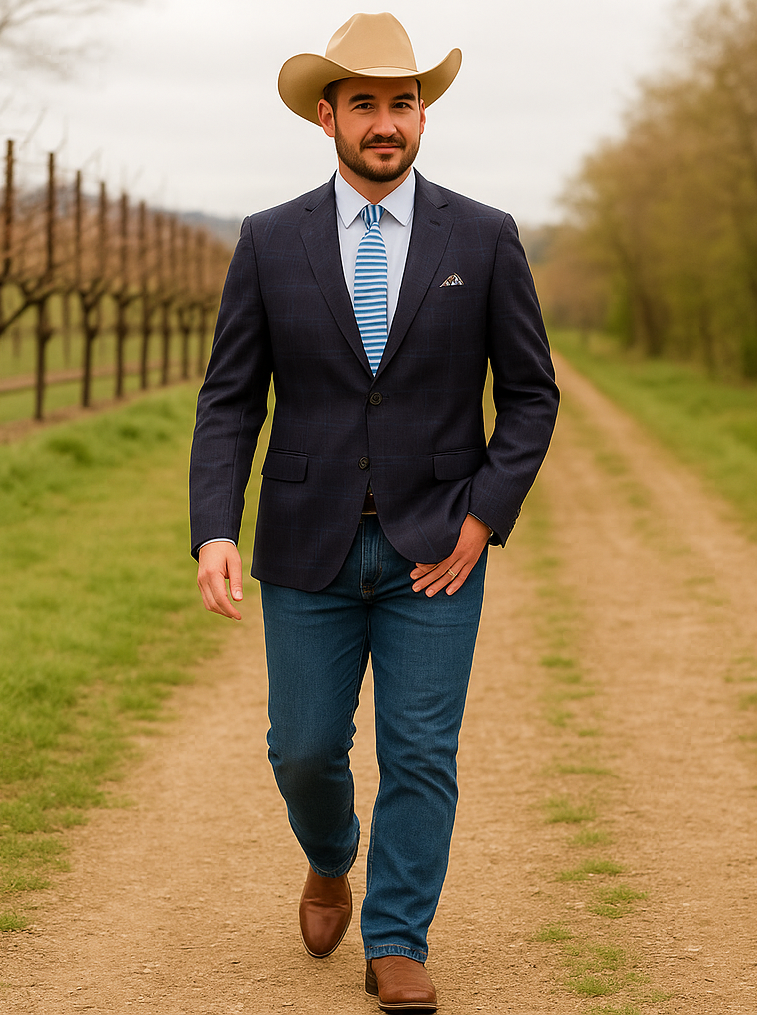 Saco vaquero - Western Sport Coat - Western Blazer- Mens Two Button Classic  Wool Stretch Sport Coat Blazer In Dark Navy Blue Windowpane Plaid