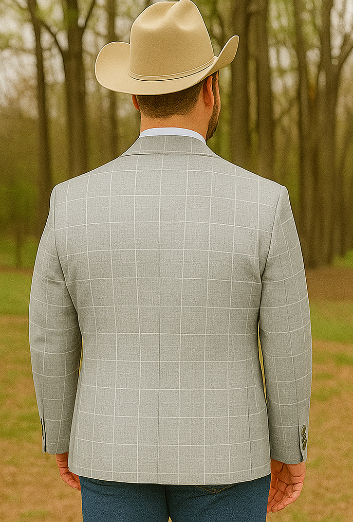 Saco vaquero - Western Sport Coat - Western Blazer   - Mens Two Button Slim Fit Sport Coat Blazer In Light Grey Ash Windowpane Plaid