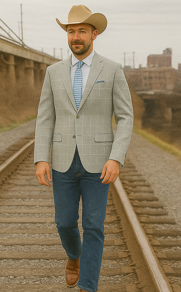 Saco vaquero - Western Sport Coat - Western Blazer   - Mens Two Button Slim Fit Sport Coat Blazer In Light Grey Ash Windowpane Plaid