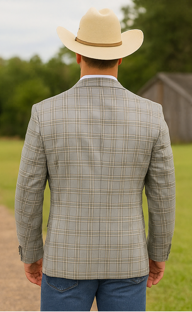 Saco vaquero - Western Sport Coat - Western Blazer- Men's Two Button Windowpane Plaid Grey Sport Coat