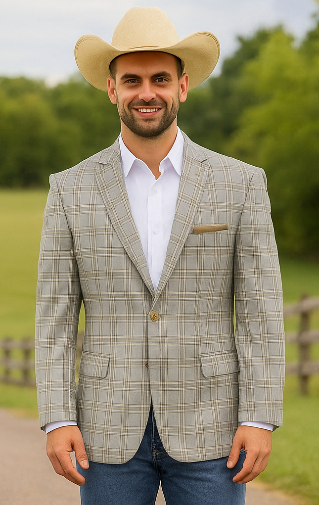 Saco vaquero - Western Sport Coat - Western Blazer- Men's Two Button Windowpane Plaid Grey Sport Coat