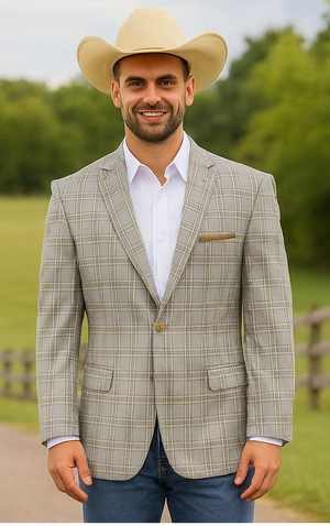 Saco vaquero - Western Sport Coat - Western Blazer- Men's Two Button Windowpane Plaid Grey Sport Coat