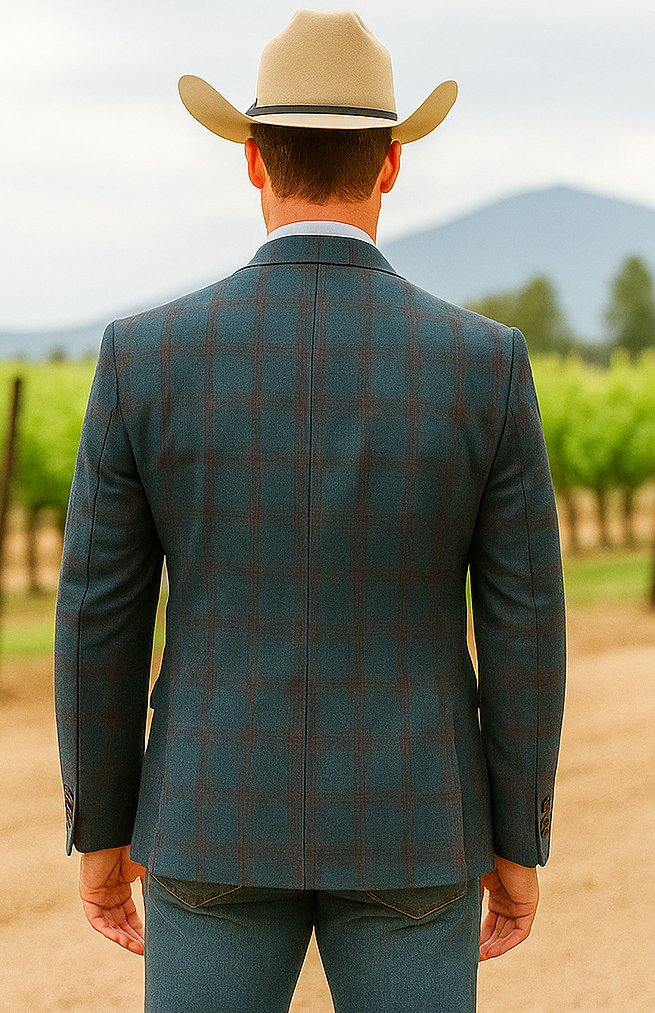 Saco vaquero - Western Sport Coat - Western Blazer- Mens Classic Fit Two Button Wool & Linen Sport Coat BlazerTeal Blue Windowpane Plaid