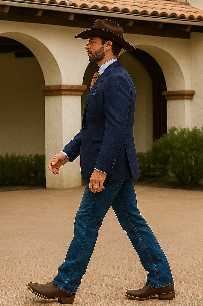 Saco vaquero - Western Sport Coat - Western Blazer   - Mens Classic Fit Two Button Wool & Linen Sport Coat Blazer In Blue Windowpane Plaid