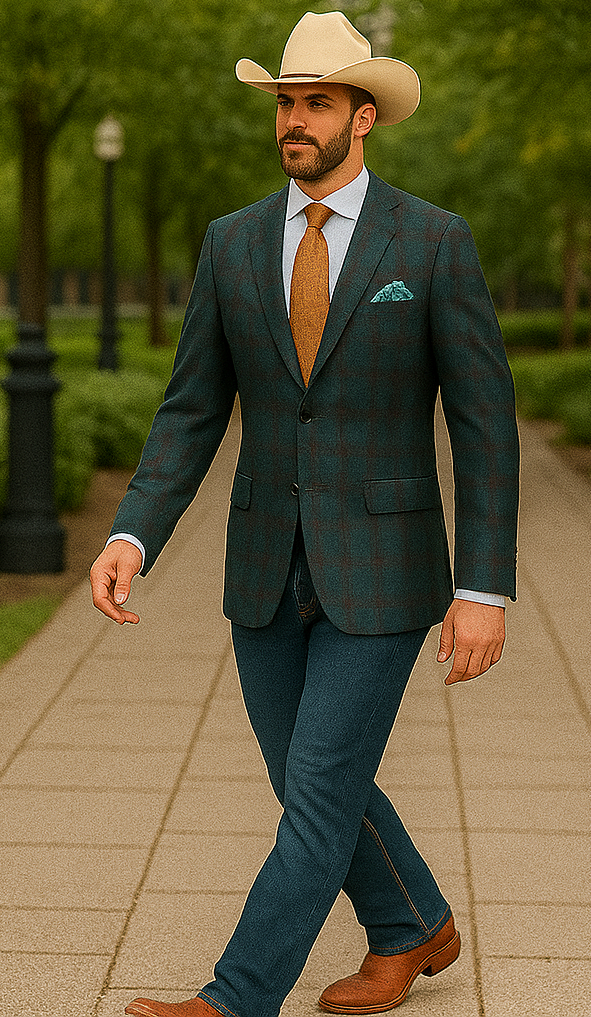 Saco vaquero - Western Sport Coat - Western Blazer- Mens Classic Fit Two Button Wool & Linen Sport Coat Blazer In Teal Blue Windowpane Plaid