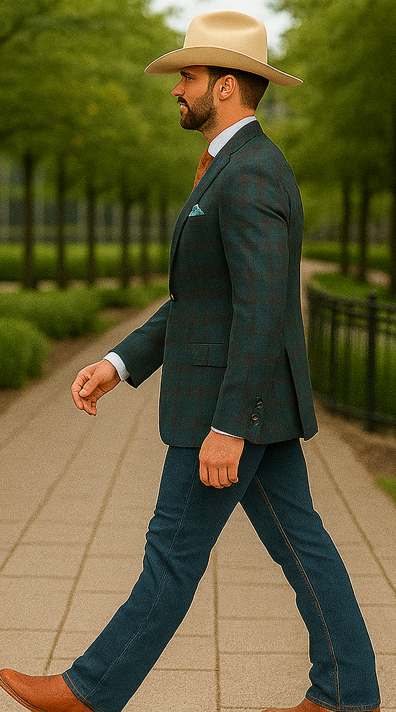 Saco vaquero - Western Sport Coat - Western Blazer- Mens Classic Fit Two Button Wool & Linen Sport Coat Blazer In Teal Blue Windowpane Plaid