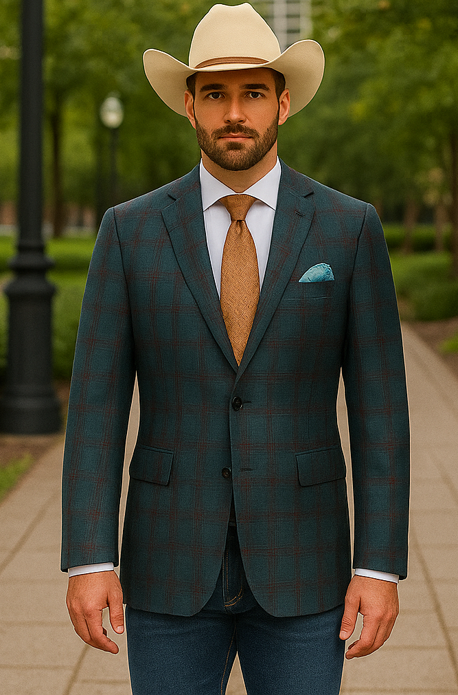 Saco vaquero - Western Sport Coat - Western Blazer- Mens Classic Fit Two Button Wool & Linen Sport Coat Blazer In Teal Blue Windowpane Plaid