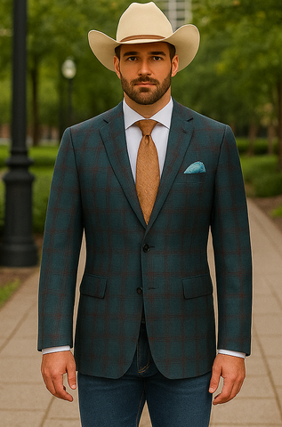 Saco vaquero - Western Sport Coat - Western Blazer- Mens Classic Fit Two Button Wool & Linen Sport Coat Blazer In Teal Blue Windowpane Plaid