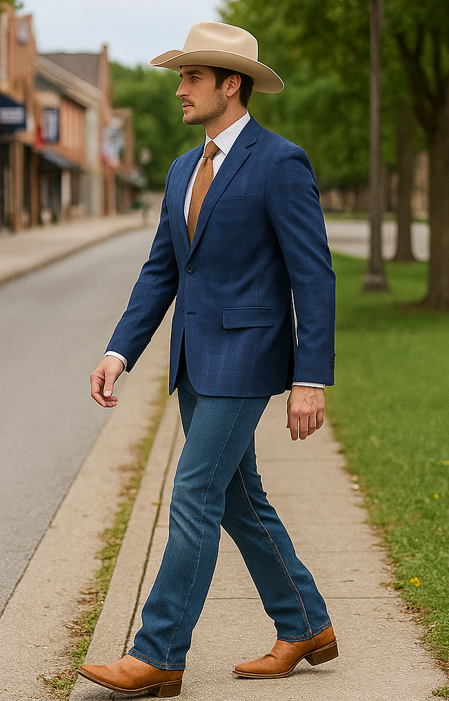 Men’s Dark Blue Western Sport Coat with Two Button Front, Notch Lapel Designer Blazer Jacket