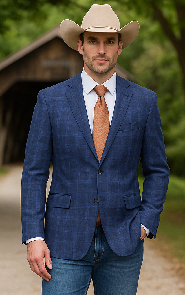 Men’s Dark Blue Western Sport Coat with Two Button Front, Notch Lapel Designer Blazer Jacket