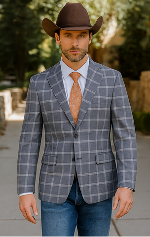 Saco vaquero - Western Sport Coat - Western Blazer - Mens Designer Two Button Slim Fit Notch Lapel Wool Suit In Bold Medium Grey Windowpane Plaid