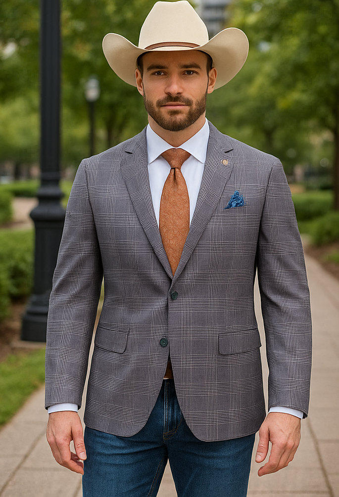 Saco vaquero - Western Sport Coat - Western Blazer- Mens Half Canvas Unconstructed Sport Coat Blazer In Grey Blue Windowpane Plaid