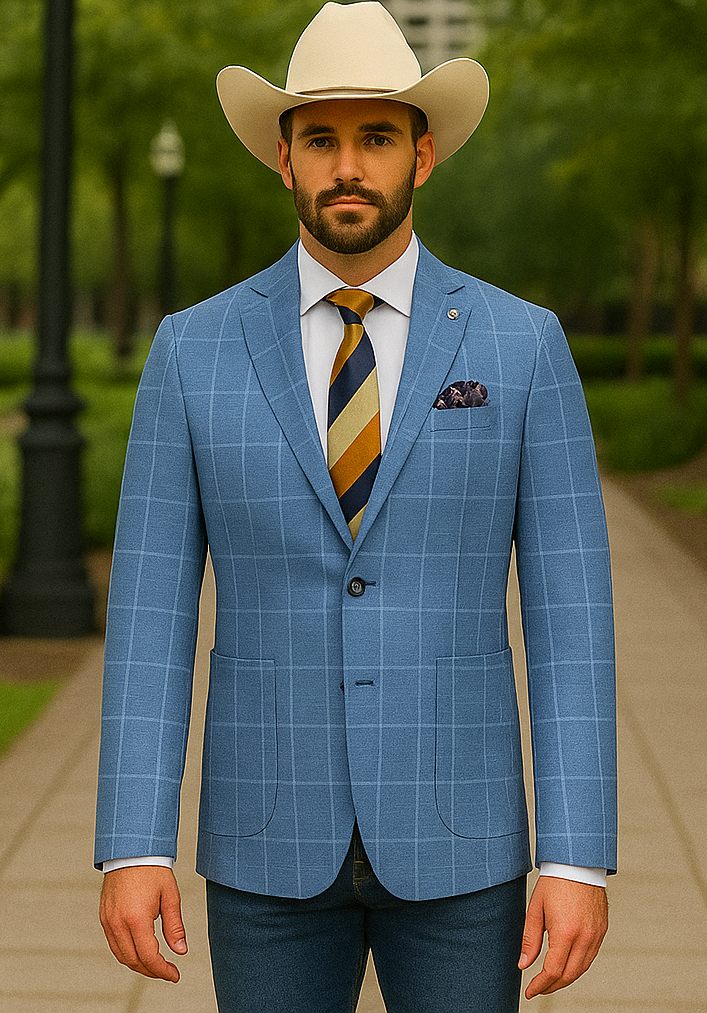 Saco vaquero - Western Sport Coat - Western Blazer  - Mens Half Canvas Unconstructed Sport Coat Blazer In Light Blue Windowpane Plaid
