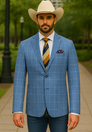 Saco vaquero - Western Sport Coat - Western Blazer  - Mens Half Canvas Unconstructed Sport Coat Blazer In Light Blue Windowpane Plaid