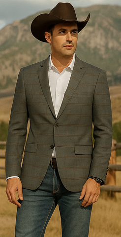 Saco vaquero - Western Sport Coat - Western Blazer - Men's Slim Fit 2 Button Sport Coat Blazer In Grey & Tan Windowpane Plaid