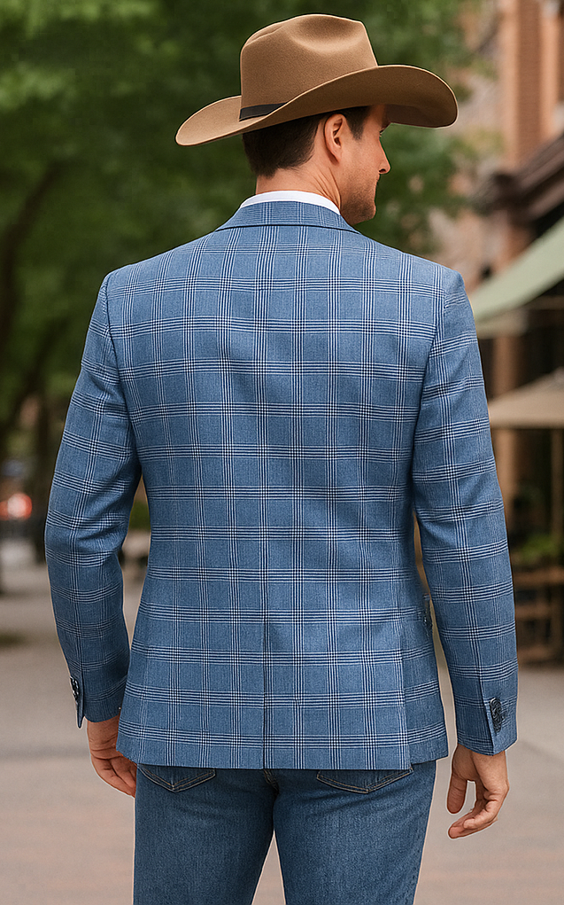 Saco vaquero - Western Sport Coat - Western Blazer- Men's Slim Fit Business Casual Light Blue Plaid Sport Coat