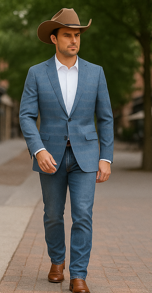 Saco vaquero - Western Sport Coat - Western Blazer- Men's Slim Fit Business Casual Light Blue Plaid Sport Coat