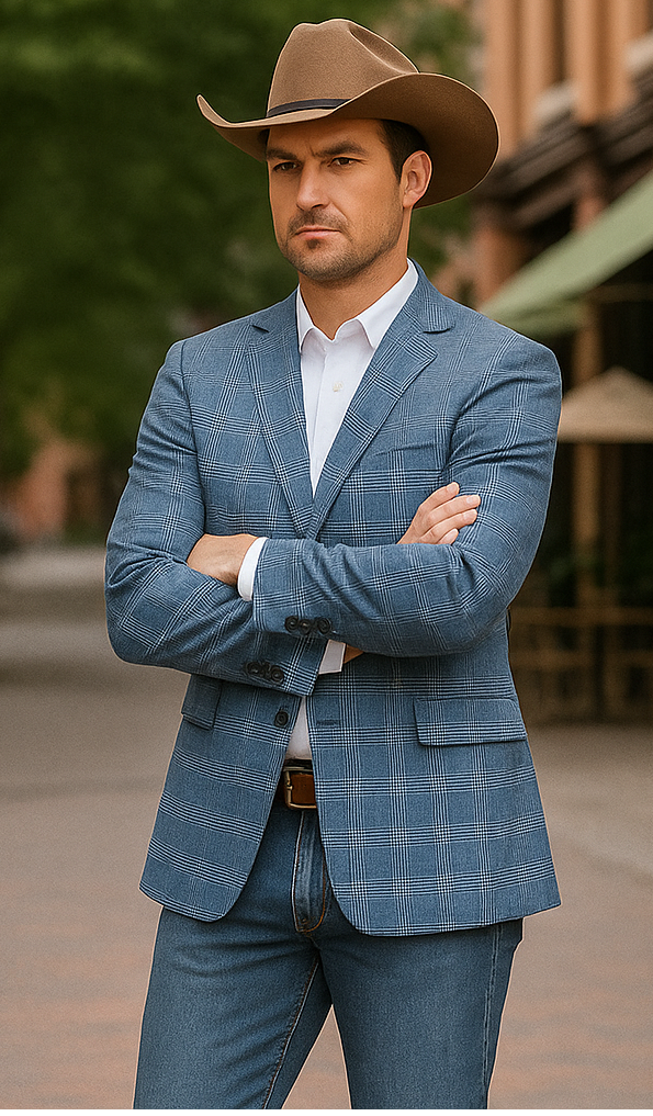 Saco vaquero - Western Sport Coat - Western Blazer- Men's Slim Fit Business Casual Light Blue Plaid Sport Coat