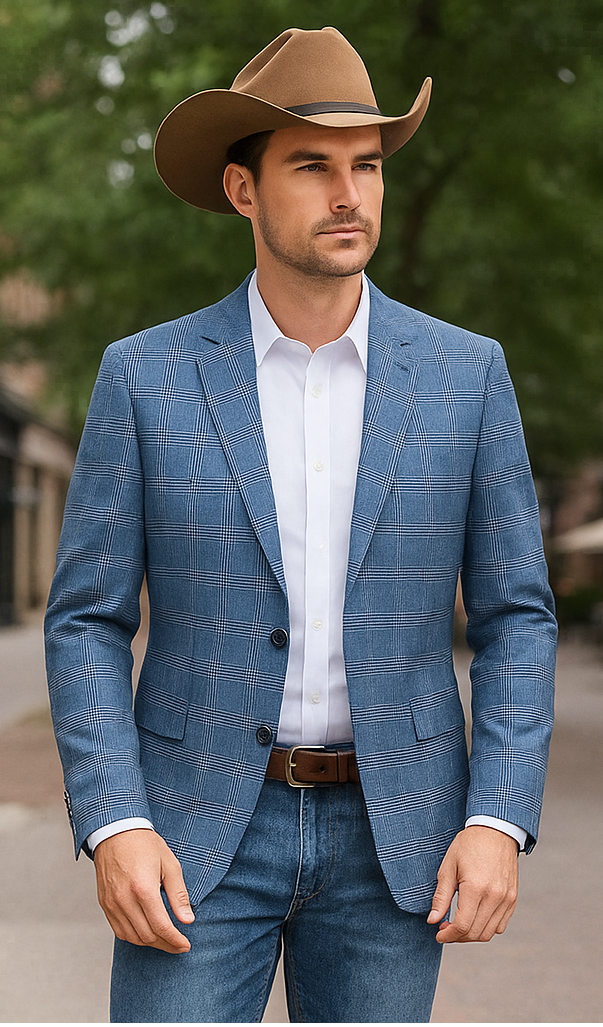 Saco vaquero - Western Sport Coat - Western Blazer- Men's Slim Fit Business Casual Light Blue Plaid Sport Coat