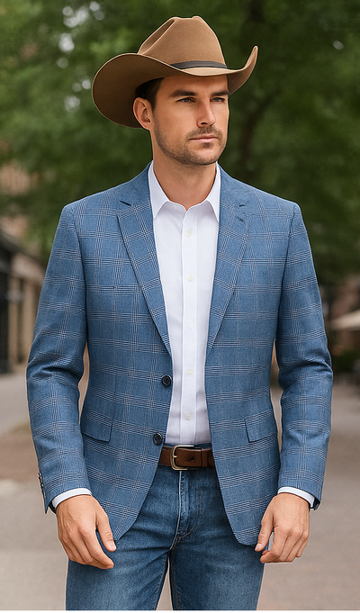 Saco vaquero - Western Sport Coat - Western Blazer- Men's Slim Fit Business Casual Light Blue Plaid Sport Coat