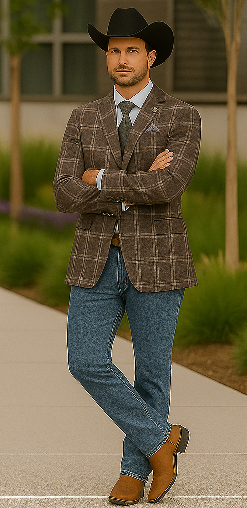 Saco vaquero - Western Sport Coat - Western Blazer-Mens Slim Fit Half Canvas Patch Pocket Summer Cotton Blazer In Brown Windowpane Plaid