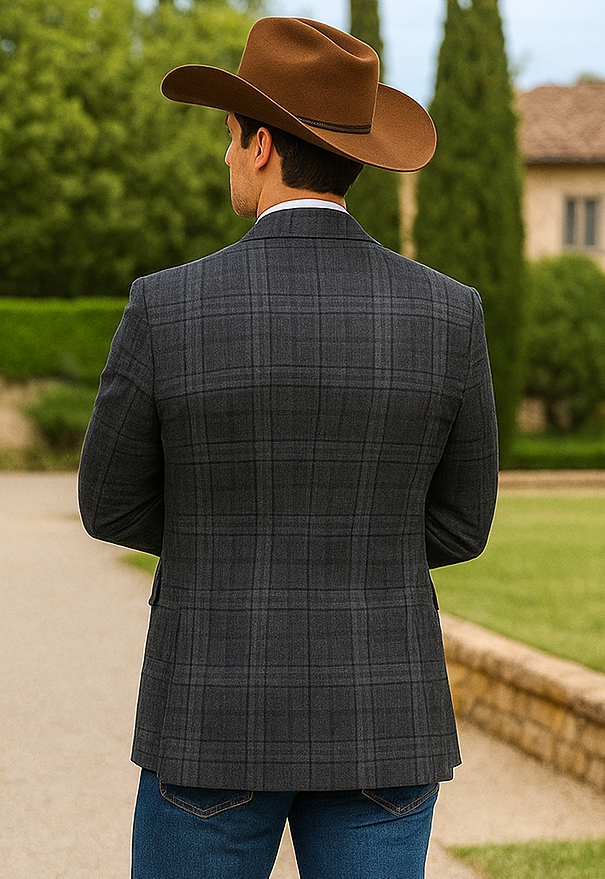 Saco vaquero - Western Sport Coat - Western Blazer - Mens Slim Fit Half Canvas Patch Pocket Summer Cotton Blazer In Grey Black Windowpane Plaid