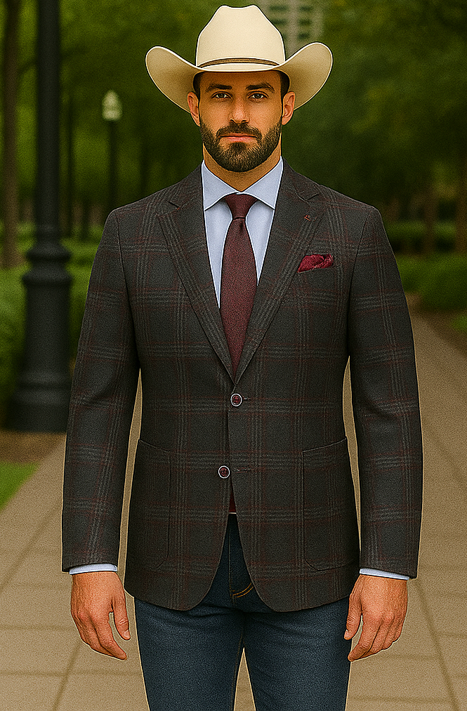 Saco vaquero - Western Sport Coat - Western Blazer- Mens Slim Fit Patch Pocket Vintage Style Sports Coat Blazer In Charcoal Grey Windowpane Plaid