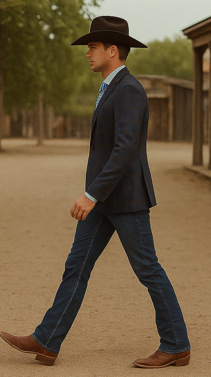 Saco vaquero - Western Sport Coat - Western Blazer - Mens Slim Fit Two Button Sport Coat Blazer In Navy Blue & Gold Windowpane Plaid