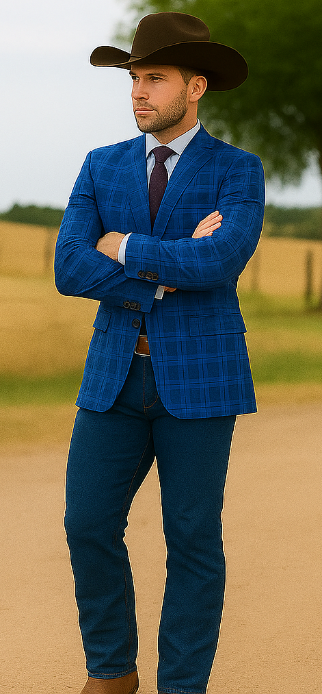 Saco vaquero - Western Sport Coat - Western Blazer - Mens Slim Fit Two Button Sport Coat Blazer In Royal & Navy Blue Windowpane Plaid