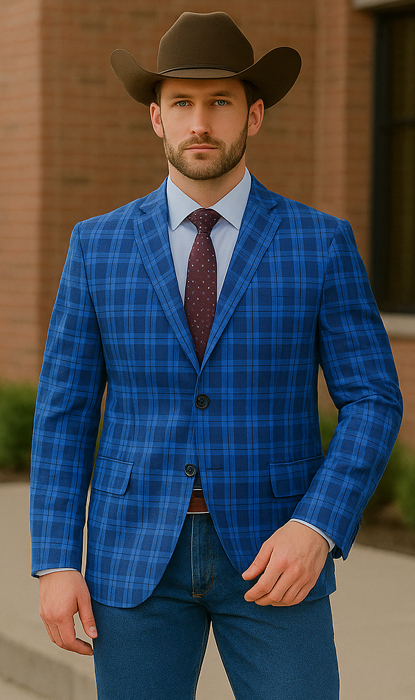 Saco vaquero - Western Sport Coat - Western Blazer - Mens Slim Fit Two Button Sport Coat Blazer In Royal & Navy Blue Windowpane Plaid