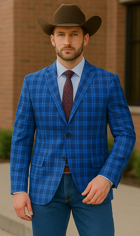 Saco vaquero - Western Sport Coat - Western Blazer - Mens Slim Fit Two Button Sport Coat Blazer In Royal & Navy Blue Windowpane Plaid