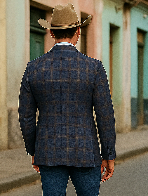 Saco vaquero - Western Sport Coat - Western Blazer - Mens Slim Fit Two Button Sport Coat Blazer Navy Blue & Gold Windowpane Plaid