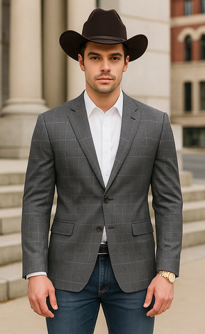 Saco vaquero - Western Sport Coat - Western Blazer - Men's Slim Fit Two Button Windowpane Plaid Sport Coat In Charcoal Grey